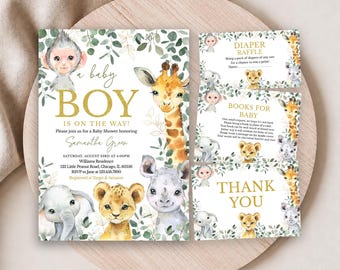 May include: A baby shower invitation set featuring watercolor illustrations of a monkey, giraffe, lion, and elephant surrounded by green foliage. The text includes A BABY BOY IS ON THE WAY, DIAPER RAFFLE, BOOKS FOR BABY, and THANK YOU in gold lettering.