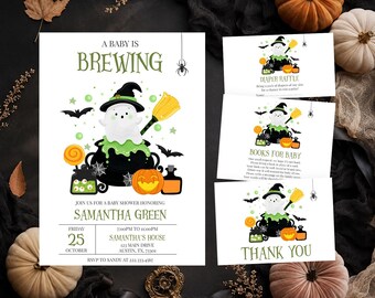 Editable A Baby is Brewing Green Halloween Baby Shower Invitation Bundle, Little Boo Baby Shower Invite, Gender Neutral Baby Shower, BBS800