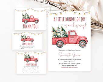 May include: A set of baby shower invitations and cards. The design features a red vintage truck carrying Christmas trees. The text includes "Thank You", "Diaper Raffle", "Books for Baby", and "A Little Bundle of Joy is on his way!"