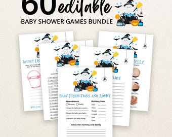 Op de afbeelding: Een bundel van 60 bewerkbare babyshower-spelkaarten met een geest in een ketel, een bezem, een pompoen en vleermuizen. De kaarten bevatten titels zoals Bucket List, Baby Predictions and Advice en Guess the Belly in zwarte tekst op wit papier.