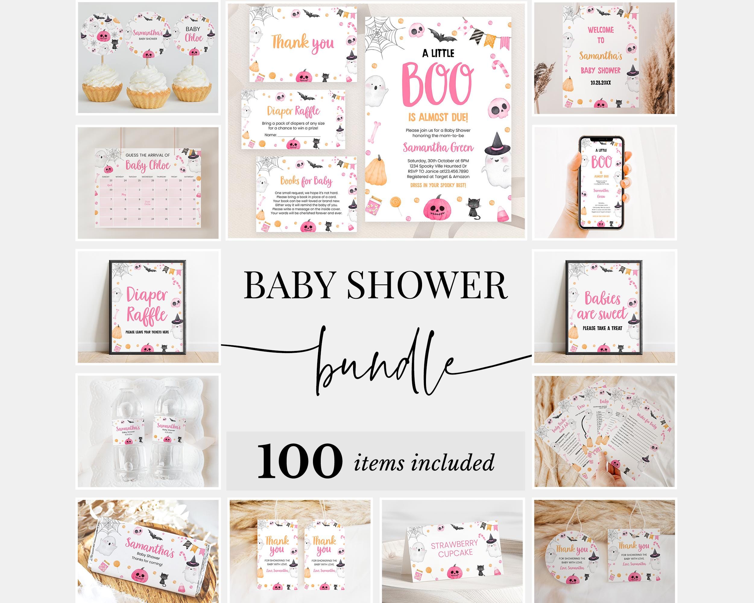Editable Pink A Little Boo Baby Shower Bundle, Girl Halloween Baby Shower Invitation Pack, Ghost Halloween Baby Shower Game Package, BBS427
