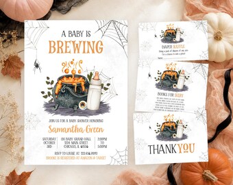 Editable Baby is Brewing Baby Shower Invitation Bundle, Gender Neutral Halloween Baby Shower Invite, Milk Bottle Baby Shower Invite, BBS780