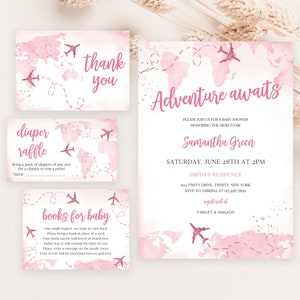 Editable Adventure Awaits Girl Baby Shower Invitation Bundle, Pink Travel World Map Baby Shower Invite, Pink Travel Baby Shower, BBS830