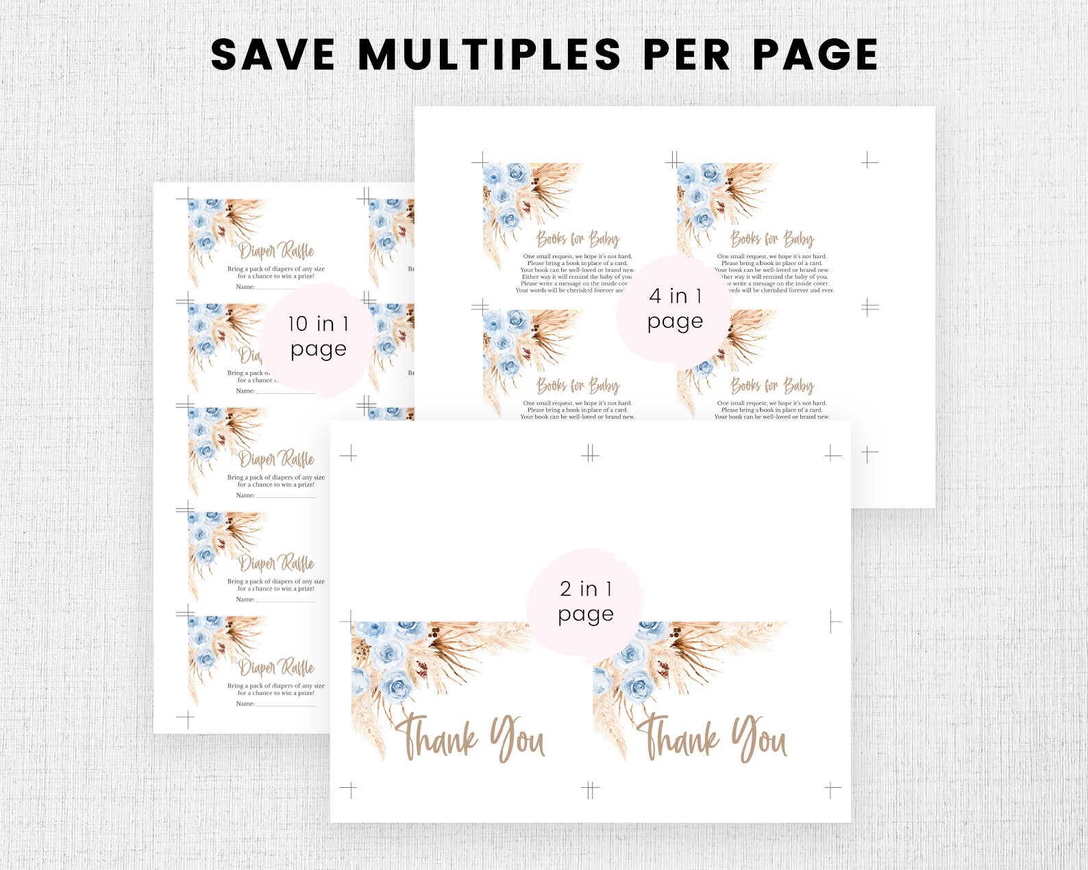 Editable Blue Pampas Grass Boho Baby Shower Invitation Bundle, Boy Boho ...