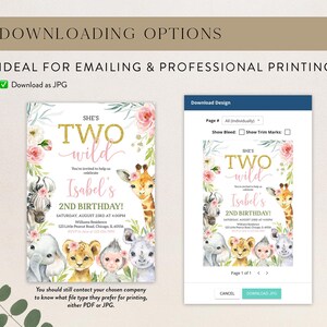 May include: A digital invitation for a second birthday, featuring the text "She's Two Wild" in gold glitter. The design includes watercolor illustrations of safari animals and floral accents. The invitation is available for download as a JPG.