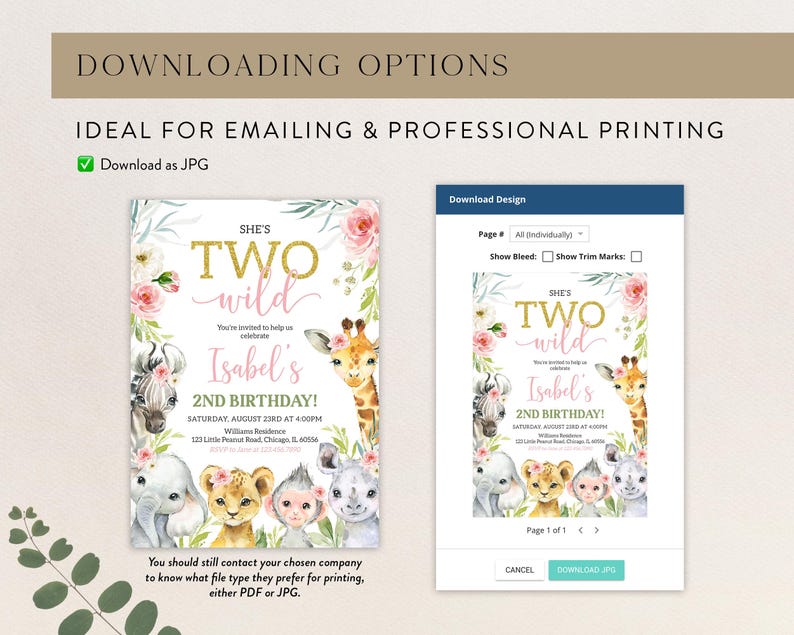 May include: A digital invitation for a second birthday, featuring the text "She's Two Wild" in gold glitter. The design includes watercolor illustrations of safari animals and floral accents. The invitation is available for download as a JPG.
