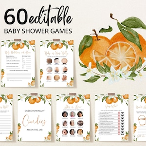 Editable Little Cutie Baby Shower Game Bundle, Orange Baby Shower Game Pack, Gender Neutral Orange Citrus Baby Shower Games, BBS675