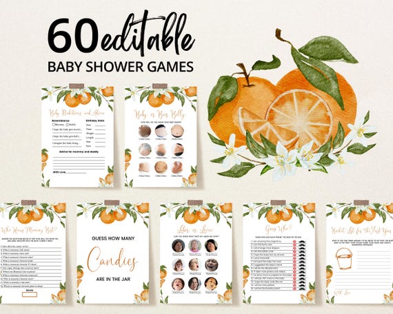 Editable Little Cutie Baby Shower Game Bundle, Orange Baby Shower Game Pack, Gender Neutral Orange Citrus Baby Shower Games, BBS675