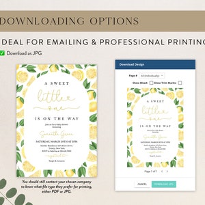 May include: A baby shower invitation with a lemon theme. The invitation features a watercolour illustration of lemons and leaves. The text on the invitation reads "A Sweet Little One Is On The Way".