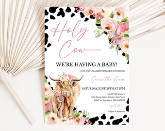 Editable Holy Cow Baby Shower Invitation, Girl Highland Cow Baby Shower Invite, Pink Floral Highland Cow Shower Invite Template, BBS733