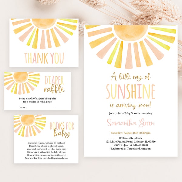 Editable Sunshine Baby Shower Invitation Set, A Little Ray of Sunshine Baby Shower Invite, Girl Sun Baby Shower, Boho Sunshine Shower,BBS397
