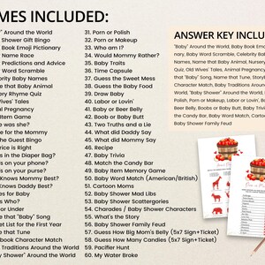 May include: A printable baby shower game set with a list of 60 games, including trivia, word games, and prediction games. The answer key is also included. The set features a rustic design with red apples.