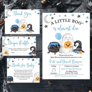 Editable Blue A Little Boo Baby Shower Invitation Bundle, Boy Halloween Baby Shower Invite, Ghost Halloween Baby Shower Invite, BBS422