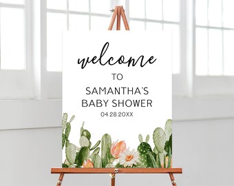 Letrero de bienvenida para baby shower con cactus editable, cartel de bienvenida con suculentas para baby shower, decoración de fiesta bohemia mexicana para baby shower, BBS297