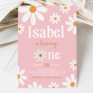 Invito modificabile per il primo compleanno di Daisy, invito per il compleanno di Boho Daisy, modello per invito per il primo compleanno di Boho Daisy, Groovy Daisy, BRT080