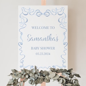 Placa de boas-vindas para chá de bebê com borda ondulada e editável It's a Boy, pôster para chá de bebê com fita azul, decoração minimalista para chá de bebê com laço azul, BBS867