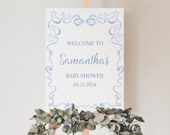Bearbeitbar Es ist ein Junge, gewellte Grenze, Babyparty-Willkommensschild, Babyparty-Plakat mit blauem Band, minimalistisches Babyparty-Dekor mit blauer Schleife, BBS867