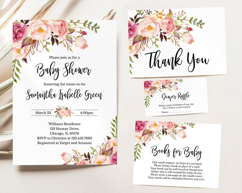 Editable Rustic Floral Baby Shower Invitation Bundle Girl Etsy