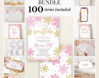 May include: A baby shower bundle featuring 100 items with a pink and gold snowflake theme. The collection includes invitations, signs, cupcake toppers, water bottle labels, candy bar wrappers, and thank you tags, all displaying matching winter motifs.
