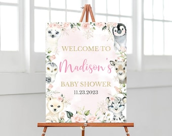 Editable Pink Winter Arctic Animals Baby Shower Welcome Sign, Girl Arctic Winter Baby Shower Poster, Cold Outside Shower Decor, BBS536