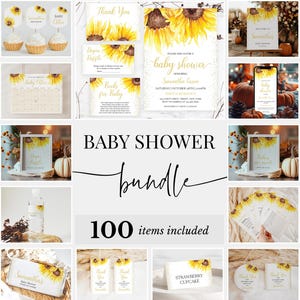 Editable Sunflower Baby Shower Bundle, Boho Sunflower Baby Shower Invitation Pack, Rustic Sunflower Baby Shower Game Package, BBS910