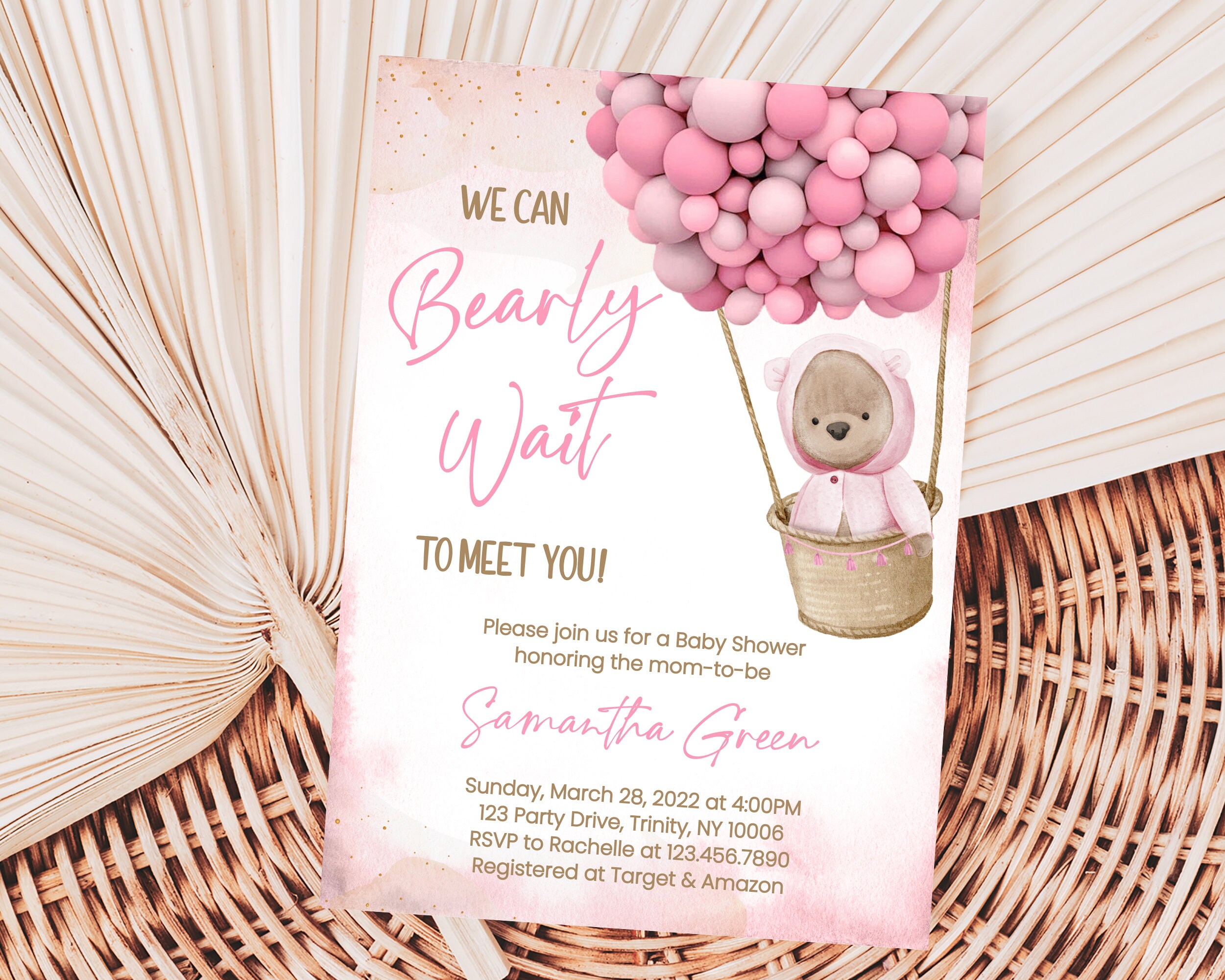 Editable Pink Bear Balloon Baby Shower Invitation, We Can Bearly Wait ...