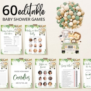 Paquete editable de juegos de baby shower Safari Jungle, paquete de juegos de baby shower con globos de camión Safari, juegos de baby shower de animales de Safari Greenery, BBS727