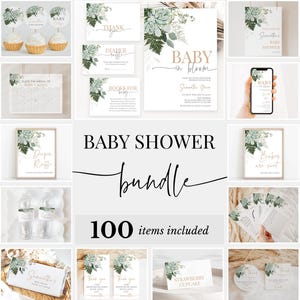 Pacchetto Baby Shower Baby in Bloom modificabile, Pacchetto invito baby shower succulento, Pacchetto giochi baby shower succulento verde, BBS371