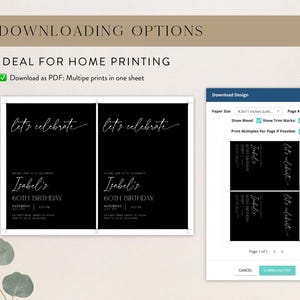 May include: A digital download for a 60th birthday invitation. The invitation is black with white text that says "Let's celebrate" and "Isabel's 60th Birthday". The invitation is designed to be printed on A4 paper.