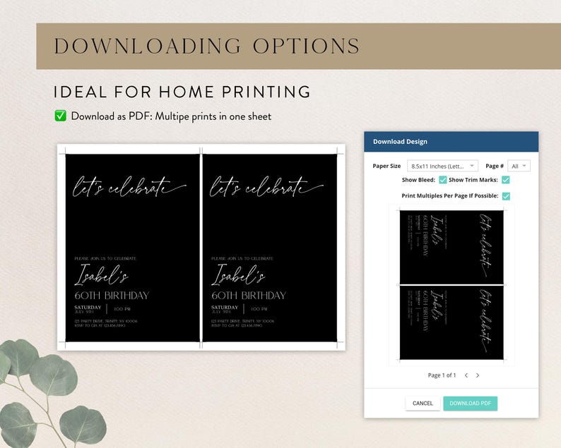 May include: A digital download for a 60th birthday invitation. The invitation is black with white text that says "Let's celebrate" and "Isabel's 60th Birthday". The invitation is designed to be printed on A4 paper.
