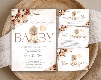 Peut inclure: Un ensemble de faire-part de baby shower avec une illustration d'ours en peluche à l'aquarelle, des motifs floraux beiges et marron, et le texte We Can Bearly Wait, Baby, Nathan Is On The Way, Diaper Raffle, Books For Baby et Thank You.