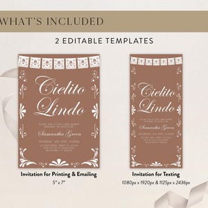 May include: Two editable invitation templates in a brown color scheme with white text and decorative accents. The designs feature a banner at the top, the words Cielito Lindo, and details for a baby shower for Samantha Green on July 9th at 2:00 PM.