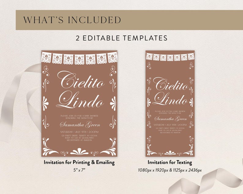 May include: Two editable invitation templates in a brown color scheme with white text and decorative accents. The designs feature a banner at the top, the words Cielito Lindo, and details for a baby shower for Samantha Green on July 9th at 2:00 PM.