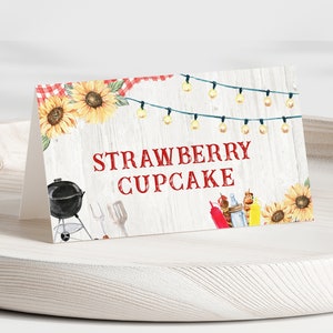 Etiqueta editable de comida para baby shower con barbacoa, tarjeta de tienda de campaña para baby shower en el patio trasero, baby shower Baby-q, baby shower con barbacoa mixta, BBS394