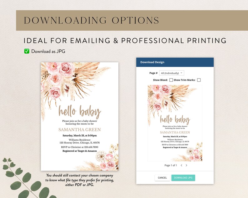 K&ouml;nnte beinhalten: Eine druckbare Babyparty-Einladung mit einem Aquarell-Blumendesign mit rosa Rosen und getrocknetem Pampasgras. Der Einladungstext lautet "hello baby" und enth&auml;lt den Namen Samantha Green, das Datum und die Uhrzeit der Party, den Ort und die RSVP-Informationen. Die Einladung enth&auml;lt auch den Text "Registered at Target & Amazon".