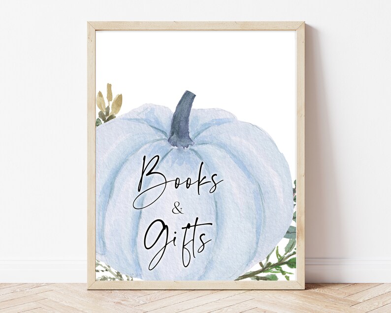 Books and Gifts Sign Blue Minimalist Pumpkin Baby Shower, Fall Pumpkin