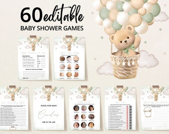 Editable Bear Green Hot Air Balloon Baby Shower Game Bundle, We Can Bearly Wait Game Pack, Gender Neutral Bear Baby Shower Games, BBS461