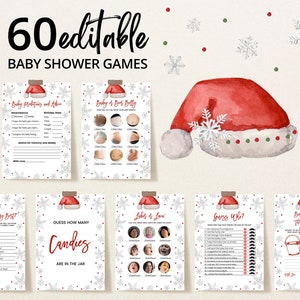 Editable Santa Baby Baby Shower Game Bundle, Gender Neutral Christmas Baby Shower Game Pack, Santa Hat Baby Shower Games, BBS568