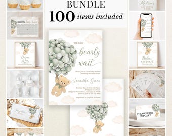 May include: A baby shower bundle featuring 100 items with a teddy bear and green balloon theme. Includes invitations, signs, games, water bottle labels, candy bar wrappers, and thank you tags, all decorated with soft pink clouds and green accents.