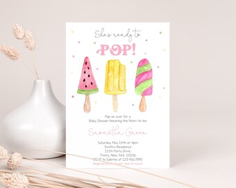 Editable She's Ready to Pop Baby Shower Invitation, Pink Popsicle Baby Shower Invite, Girl Summer Baby Shower, Sweets Baby Shower, BBS379