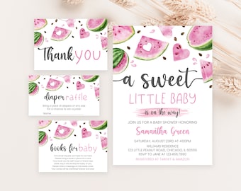 Editable Pink Watermelon Baby Shower Invitation Bundle, Watermelon Baby Shower Invite, Sweet Little Baby Baby Shower, Watermelon, BBS702