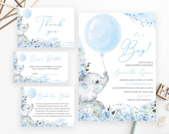 May include: A baby shower invitation set featuring a watercolor elephant holding a light blue balloon, surrounded by blue roses. The text includes "It's a Boy!", "Thank you", "Diaper Raffle", and "Books for Baby" with event details for Samantha Green.