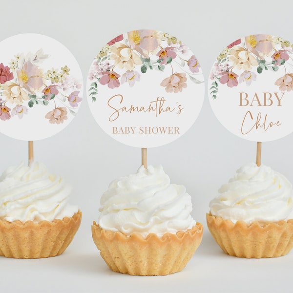 Editable Baby in Bloom Baby Shower Cupcake Topper, Spring Flowers Baby Shower Cake Topper, Wildflower Baby Shower Decor, BBS369