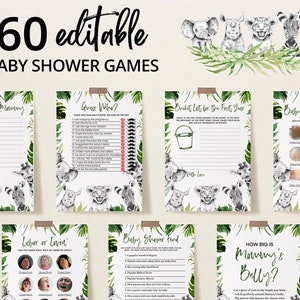Paquete de juegos editables Greenery Safari Jungle Baby Shower, paquete de juegos Wild One Baby Shower, juegos de baby shower Greenery Safari Animals, BBS336