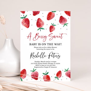 Editable Strawberry Baby Shower Invitation, Red Strawberry Baby Shower Invite, Berry Sweet Baby Shower Invitation Template, BBS320