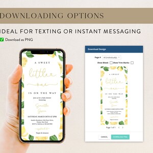 May include: A digital mockup of a baby shower invitation with a lemon theme. The invitation features a yellow and green lemon design with the text "A Sweet Little One Is On The Way" and the name "Senaithe Green".