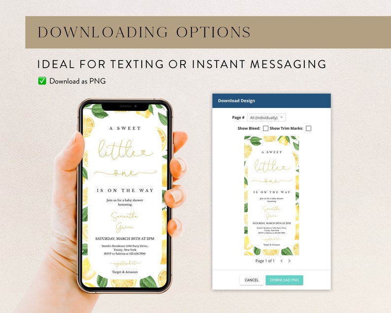 May include: A digital mockup of a baby shower invitation with a lemon theme. The invitation features a yellow and green lemon design with the text "A Sweet Little One Is On The Way" and the name "Senaithe Green".