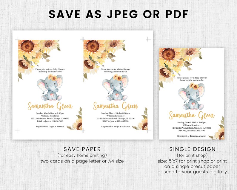 Editable Sunflower Elephant Baby Shower Invitation Bundle Etsy