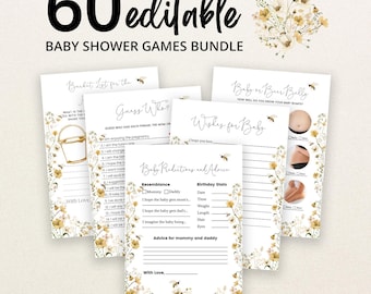 Peut inclure: Un ensemble de 60 cartes de jeux de fête prénatale modifiables sur papier blanc avec des bordures florales jaunes et de petites illustrations d'abeilles. Les cartes incluent des titres comme Bucket List for the Baby, Guess Who, Wishes for Baby.