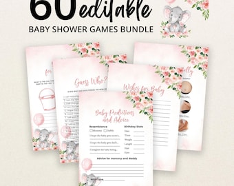 May include: A bundle of 60 editable baby shower game cards featuring a soft pink watercolor floral design and gray elephant illustrations. The cards include titles such as Guess Who, Wishes for Baby, and Baby Predictions and Advice with text.